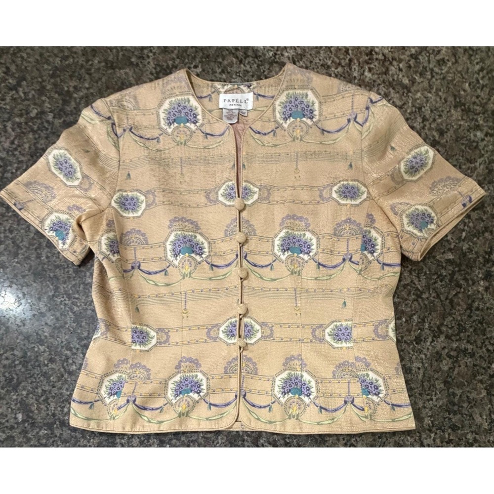 Papell Petites 100% Silk Floral Jacquard Button Front Blouse Tan Purple 10P